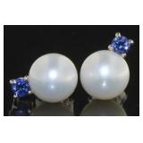 Beautiful Pearl & Sapphire Stud Earrings
