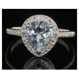 Natural 1.47 ct Pear Cut Aquamarine & Diamond Ring