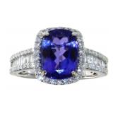 14kt Gold 3.99 ct Cushion Tanzanite & Diamond Ring