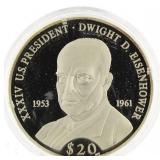 2000 Liberia .999 Silver PF $20 Pres. Eisenhower