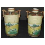 Nippon Dark Woodland Pair of Two Handled Vases.