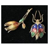 Two Enameled 18 Kt Brooches