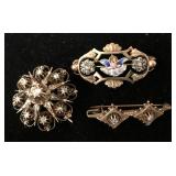 Lot of (3) Gold Victorian Pins/Brooches w/Diamonds