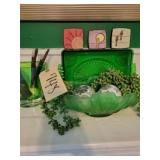 Green depression vase, dish, etc.