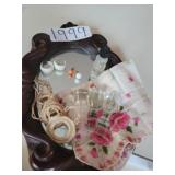 Small vanity mirror, vintage rose cloth, vintage