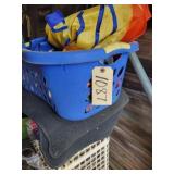 Blue bucket, garden flags