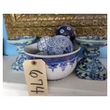Blue & white bowl, blue & white decorative balls,