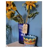 Cobalt Planter w artificial sunflowers, planter