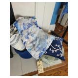 Blue & white box, navy pillow, etc.