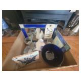 Cobalt blue bowl, small stained glass mirror