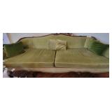 Vintage green velvet sofa w/ wood carving