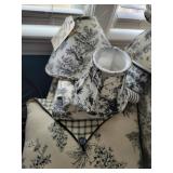 Pair of toile Valances & drapes 80', lampshade