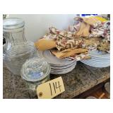 Glass pitchers & covered jar & salad plates