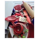 Red & white enalmelware w/ utensils