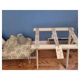 Vintage luggage rack, Queen toile dust ruffle