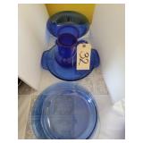 Cobalt pie plates, bowl, pitcher