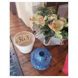 Handblown vase, blue & white planter, clear/ white