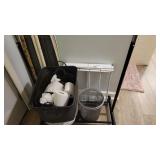 ASSORTMENT OF LAUNDRY RACKS & 2 TRASH CANS