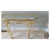 WROUGHT IRON GLASS TOP HALF TABLE 18D,48W,28T