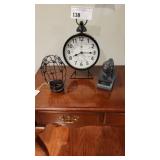 BLACK CLOCK W/ LION STATUE & CANDLE HOLDER