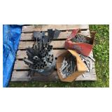 Pallet of misc- tent stakes, and fireplace shovels