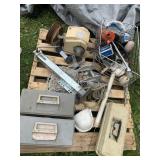 Tackle boxes, trailer jack, propellers, and misc
