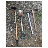 Lot of 4- pick ax, mallet, shovel and garden hoe