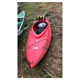 8 foot red Emotion kayak w/ roof rack and cart