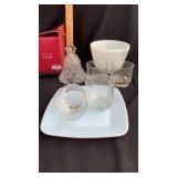 Vintage tang glass set, milk glass, crystal bell