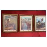 3 cowboy prints matted and framed