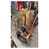Mixed Display Racks & Contents: Wood Dowel Bin, Handmade Walking Sticks & Stand, Welding Cable Spool Rack & Assorted Materials
