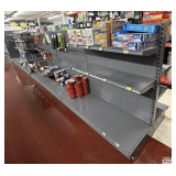 Freestanding Gondola Display Shelving: 6 Double-Sided Section, Gray Pegboard, Peg Hooks, and Shelves