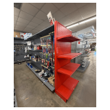 Freestanding Gondola Display Shelving: 3 Double-Sided Sections, Gray & Tan Pegboard with Red End Cap, Peg Hooks, and Shelves