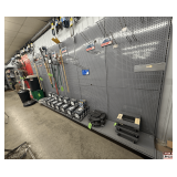Wall-Mount Retail Display Shelving: 12 Sections, Gray & Red Pegboard, Peg Hooks, and Shelves