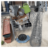 Garden Supplies: Planters, Watering Can, Tomato Cages, Landscape Stakes, and Umbrella Base ( Includes Metal Wire Bin)