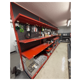Wall-Mount Retail Display Shelving: 5 Sections, Black Pegboard, Red Shelves and Frame, Peg Hooks