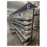 Freestanding Gondola Display Shelving: 7 Double-Sided Sections, Tan Pegboard with Red End Cap, Peg Hooks, Wire Baskets and Shelves