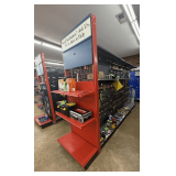 Freestanding Gondola Display Shelving: 3 Double-Sided Sections, Black Pegboard, Red End Cap with Wire Grid Top, and Two Diablo Headers (Lighted)
