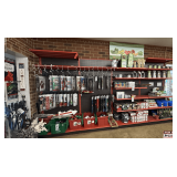 Wall-Mount Retail Display Shelving: 4 Sections, Gray Pegboard, Red Shelves, Peg Hooks