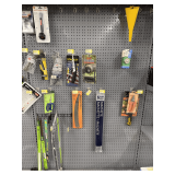 Outdoor Tools including Stanley Pocket Saw, Seymour S400 Machete, Fiskars Pruner, Mower Blades, and Funnel