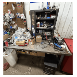 Small Engine Service Bench & Metal Cabinet w/ Contents : Husqvarna Parts, Tools, Gear Lube, and Miscellaneous Components
