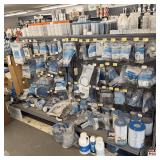 Freestanding Gondola Display Shelving: 2 Double-Sided Section, Gray Pegboard, Peg Hooks, Wire Baskets, and Shelves