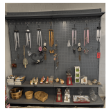 Wall-Mount Retail Display Shelving: 2 Sections, Gray Pegboard, Peg Hooks, and Shelves