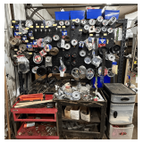 Replacement Pulleys, Belts, and Chains: Deck Pulleys, Idler Pulleys, Roller Chain, Assorted Sizes + Two Rolling Carts & Plastic Storage