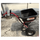 Walk-Behind Broadcast Spreader: Red Frame, Pneumatic Tires