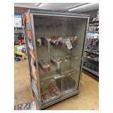 Locking Glass Display Case: Sliding Doors, Glass Shelves, Pegboard Back