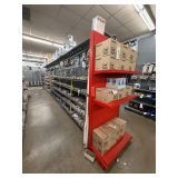 Freestanding Gondola Display Shelving: 7 Double-Sided Sections, Gray & Tan Pegboard with Red End Cap, Peg Hooks, Wire Baskets and Shelves