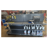 Freestanding Gondola Display Shelving: 2 Double-Sided Sections, Gray Pegboard, Peg Hooks, and Shelves