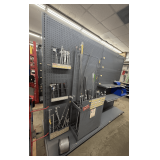 Freestanding Gondola Display Shelving: 2 Double-Sided Sections, Gray Pegboard, Shelves, and Spool Arms