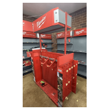 Milwaukee Outdoor Power Equipment Retail Display Rack: Red, Lighted Header, Peg Hooks, and Wire Shelves